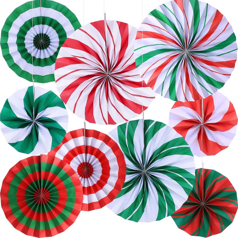 agranjeuc 9 Pcs Christmas Candy Hanging Paper Fans Decoration Peppermint Hanging Fans Xmas Candy Cane Party Garland Decor for Merry Christmas Holiday Classroom Ceilings Wall Birthday Party Supplies - Image 1